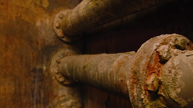 Detailed view of old corroded pipes with rust and peeling layers in an industrial or abandoned setting.