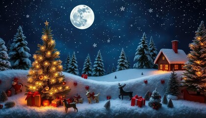 Naklejka premium A festive winter scene with a decorated Christmas tree, snow, and a cozy cabin under the moonlight.