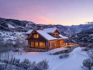 Fototapeta premium cozy mountain cabin in winter landscape at sunset