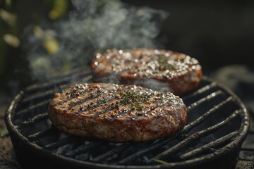 grilled steaks with smoke on a barbecue grill