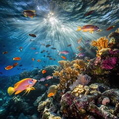 Naklejka premium vibrant underwater scene with colorful coral and tropical fish