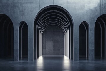 Fototapeta premium A minimalist, dark gray background with an architectural structure made of concrete arches, in a cinematic style