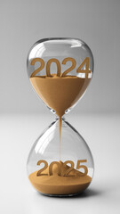 inside an hourglass with sand forming the numbers 2024 at the top and 2025 at the bottom, captured on a clean white background, symbolizing the passage of time.