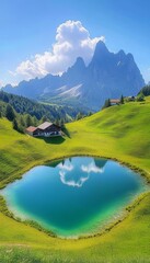 A green and beautiful small lake on the mountain and a house