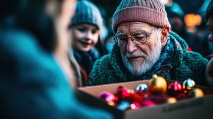 Fototapeta premium A heartwarming scene captures an elderly man joyfully receiving a box of festive ornaments, symbolizing family, love, and the essence of holiday celebrations.
