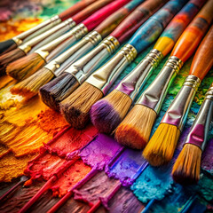 Fototapeta premium A vibrant arrangement of paintbrushes dipped in bright color