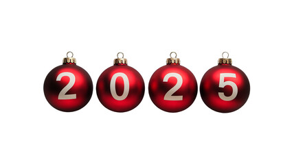 four red christmas balls with white numbers 2025 on isolated background, perfect for new year decorations, festive, holiday season, 3d, vibrant, isolated, shiny, glossy
