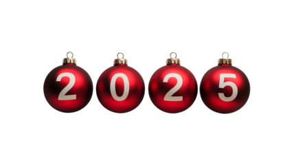 four red christmas balls with white numbers 2025 on isolated background, perfect for new year decorations, festive, holiday season, 3d, vibrant, isolated, shiny, glossy