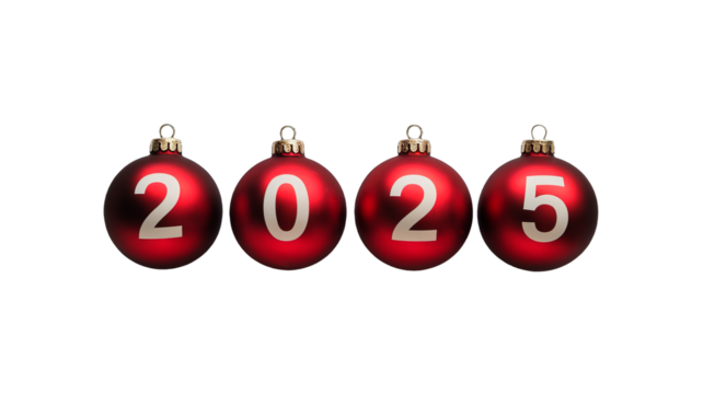 four red christmas balls with white numbers 2025 on isolated background, perfect for new year decorations, festive, holiday season, 3d, vibrant, isolated, shiny, glossy