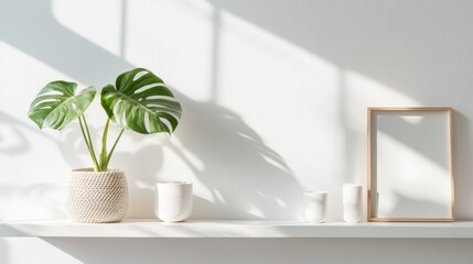 Fototapeta premium Contemporary shelf arrangement, verdant monstera in natural fiber pot, pale wood frame layout, white modern ceramics, airy composition, gentle shadows, light gray backdrop, minimalist home photography