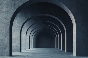 Obraz premium A minimalist, dark gray background with an architectural structure made of concrete arches, in a cinematic style