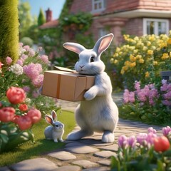 easter bunny with its child in the garden bringing a package