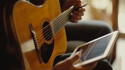 Fototapeta premium Creative songwriting session, honey-colored guitar body visible, hands holding pencil, tablet device propped up, clean white interior, gentle natural light, artistic lifestyle capture