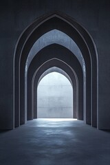 Naklejka premium A minimalist, dark gray background with an architectural structure made of concrete arches, in a cinematic style