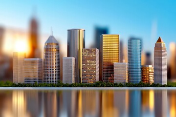 Obraz premium City skyline at sunset urban architecture modern skyscrapers reflective water aesthetic viewpoint urban landscape photography