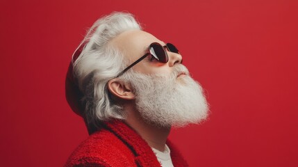Full size profile side photo of white grey hair bearded santa claus rest x-mas christmas time go hold rubber circle wear sunglass headwear boots isolated bright shine color background
