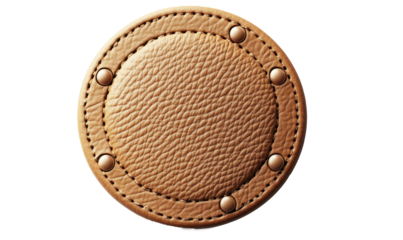 Beige leather badge isolated on white background