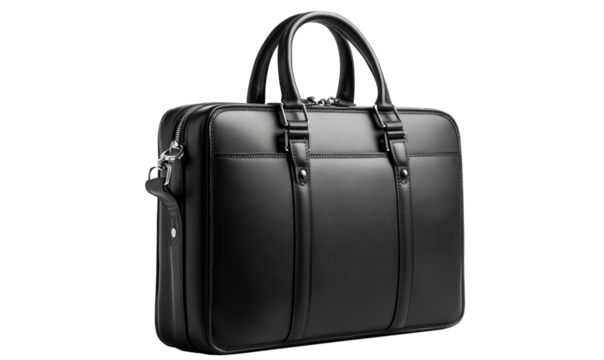 Black leather briefcase isolated on transparent background