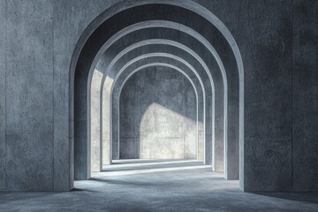 Fototapeta premium A minimalist, dark gray background with an architectural structure made of concrete arches, in a cinematic style