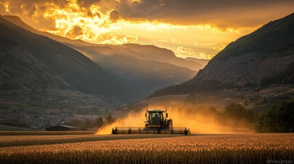 Fototapeta premium Sunset Over Golden Wheat Field with Tractor and Mountain Landscape in Background