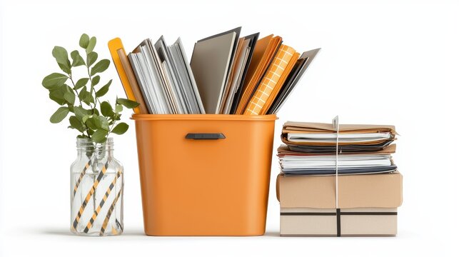 Orange Container Filled with Folders and Documents Next to Stacked Paper and Green Plant