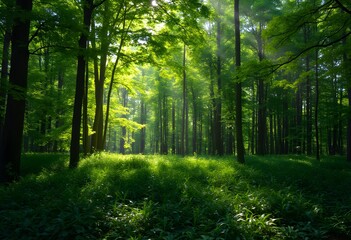 Fototapeta premium A lush green forest where sunlight gently streams through the trees, creating a peaceful and natural atmosphere.