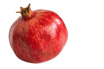 A whole pomegranate with a deep red, textured surface and a crown-like top, highlighting its natural, glossy appearance, set against a transparent background