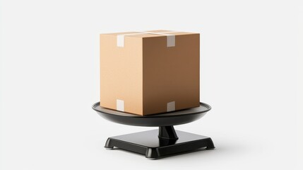 Brown cardboard box on black scale platform for shipping and delivery assessment