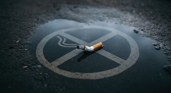 No smoking symbol with cigarette butt in water: anti-smoking awareness concept