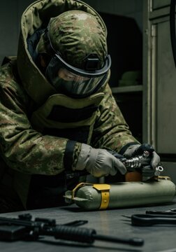 Bomb disposal expert in protective gear handling explosive device in military setting