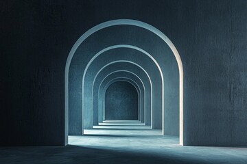 Fototapeta premium A minimalist, dark gray background with an architectural structure made of concrete arches, in a cinematic style