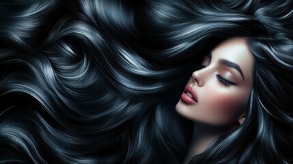 Fototapeta premium Beauty brunette girl with long and shiny wavy black hair . Beautiful woman model with curly hairstyle .