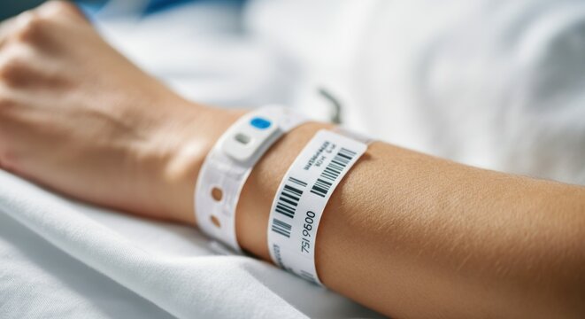 Patient hospital wristband on arm in medical setting