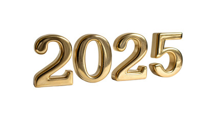Shiny metallic gold numbers 2025 standing upright, symbolizing celebration, new beginnings, and optimism for the upcoming year, set against a transparent background