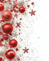 Christmas composition with red balls, stars and snowflakes isolated on white background