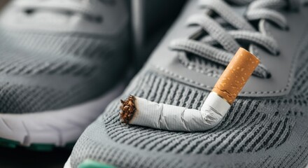 Quit smoking concept with broken cigarette on running shoes for healthy lifestyle motivation