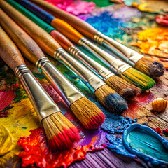 Fototapeta premium Brightly colored paintbrushes are dipped in vivid hues and laid out