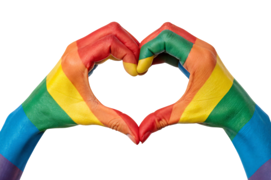 Striped in rainbow hues, hands form a love heart symbol, a tribute to equality, love, and LGBTQ+ celebration, set against a transparent background