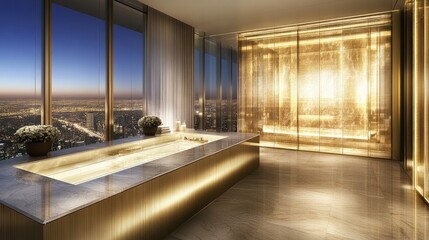 A stylish bathroom with marble tiles, modern fixtures, and small potted plants, complemented by large glass partitions.