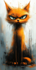 A cartoon dissatisfied ginger cat on an abstract background.