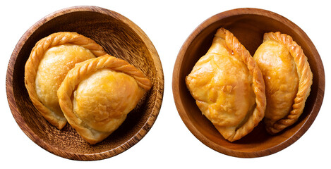 food Curry Puff. in a wooden bowl isolated on top view. transparent background png