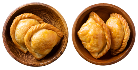 food Curry Puff. in a wooden bowl isolated on top view. transparent background png
