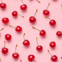 Shiny Cherries on a Light Background in a Top View Composition Showcasing Their Vibrant Red Color and Juicy Texture