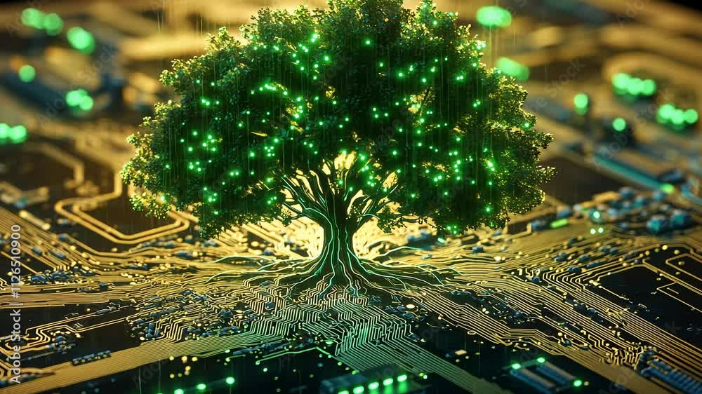 Poster tree made of glowing circuitry on a motherboard, symbolizing nature and technology integration. futu