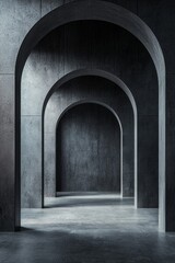 Obraz premium A minimalist, dark gray background with an architectural structure made of concrete arches, in a cinematic style