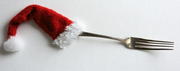 Christmas dinner. Cutlery fork wearing a red festive father christmas santa hat
