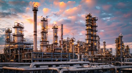 Fototapeta premium Illuminated Industrial Refinery Complex at Sunset