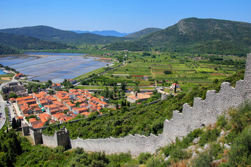 View pof Ston town and its defensive walls, Peljesac Peninsula, Croatia