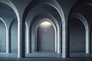 Fototapeta premium A minimalist, dark gray background with an architectural structure made of concrete arches, in a cinematic style