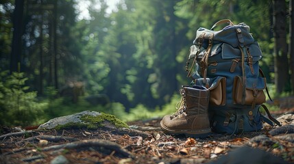 Rustic Backpack and Hiking Boots Resting in a Forest Setting